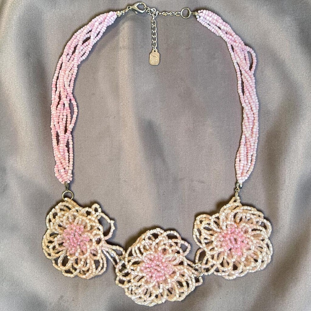 Signed You & I 1970s Glass Beaded Floral Torsade Necklace Pink Statement NYC